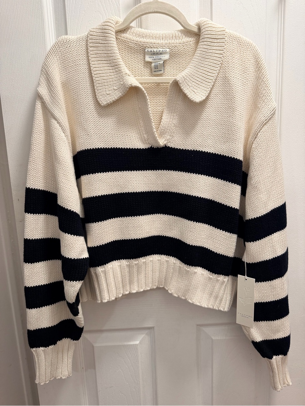 Calypso St. Barth Cream and Black Striped Collared Knit Sweater